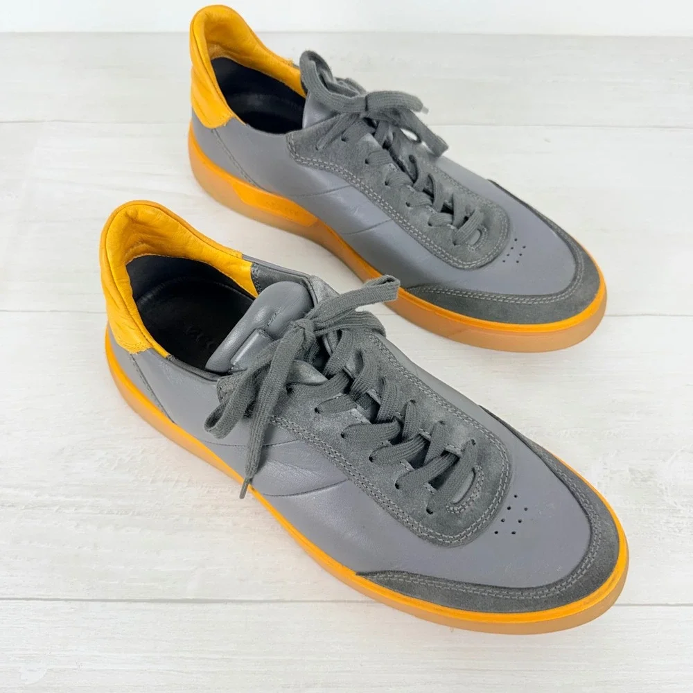 ECCO Street Tray Sneakers Mens 42 US 8.5 Grey Yellow Leather Suede Gum Sole